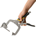 Person holding 13 Inch Right Angle Corner Clamp with Dual Pins for Thin and Thick Wood, adjustable turn knob visible.