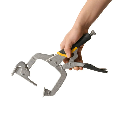 Person holding 13 Inch Right Angle Corner Clamp with Dual Pins for Thin and Thick Wood, adjustable turn knob visible.
