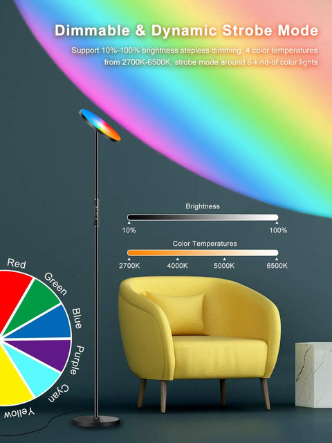 RGB LED Floor Lamp With Remote 36W 3600LM 69 Inch Tall Torchiere in strobe mode next to yellow chair