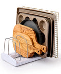 StoreMore Adjustable Bakeware Rack With Steel Wires Seven Adjustable Dividers That Organizes Cookie Sheets Pans And Trays in use.