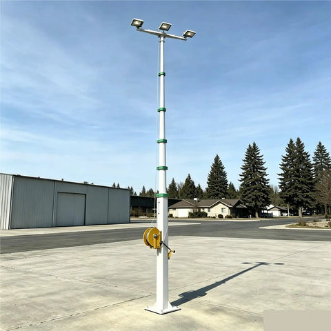 Premium White Telescopic Camera Mast Equipped With Slick Manual Hand Crank Winch For No Sweat Antenna And Light Deployment Up To Nine Meters, featuring lights and a sturdy design.
