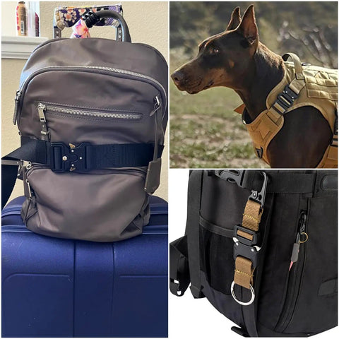 Two Pack One And A Half Inch Heavy Duty Metal Tactical Belt Buckles For Dog Collars Harnesses Backpacks And Luggage Straps Cobra Clip Replacement Black installed on backpack, dog harness, and luggage strap.