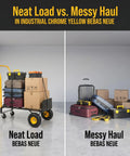 Heavy Duty Firewood Log Cart And Dolly neatly loaded with boxes and tools next to messy haul of scattered items.