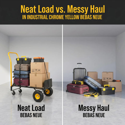 Heavy Duty Firewood Log Cart And Dolly neatly loaded with boxes and tools next to messy haul of scattered items.