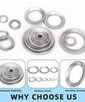 Top view of assorted 304 stainless steel double-sided wedge lock washers in sizes M3–M16, serrated edges.