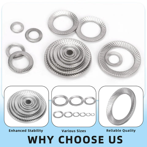 Top view of assorted 304 stainless steel double-sided wedge lock washers in sizes M3–M16, serrated edges.