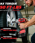Man using Cordless Half Inch Impact Wrench Bare Tool No Battery Included, 750 Foot Pounds of Torque, Four Speed Settings on car tire
