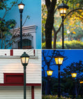 Photoelectric Switch For Outdoor Post Lights With Dusk To Dawn Sensor installed on multiple outdoor lamp posts.