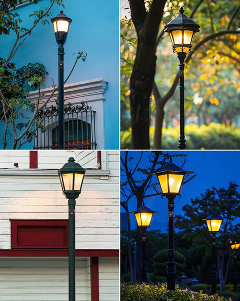 Photoelectric Switch For Outdoor Post Lights With Dusk To Dawn Sensor installed on multiple outdoor lamp posts.