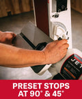 Adjusting preset stops at 90° and 45° on Six Inch Fortyeight Belt And Twelve Inch Disc Sander Combo pairing 1.5 horsepower motor.