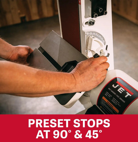 Adjusting preset stops at 90° and 45° on Six Inch Fortyeight Belt And Twelve Inch Disc Sander Combo pairing 1.5 horsepower motor.
