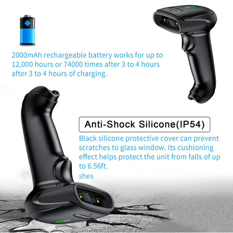 Wireless Barcode Scanner 2 In 1 With 2.4GHz Wireless And USB 2.0 Wired Connection, handheld scanner with anti-shock silicone cover.