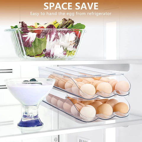 Egg Organizer For Refrigerator, 36 Egg Stackable Storage Box, two layers with eggs, in fridge with salad and yogurt.