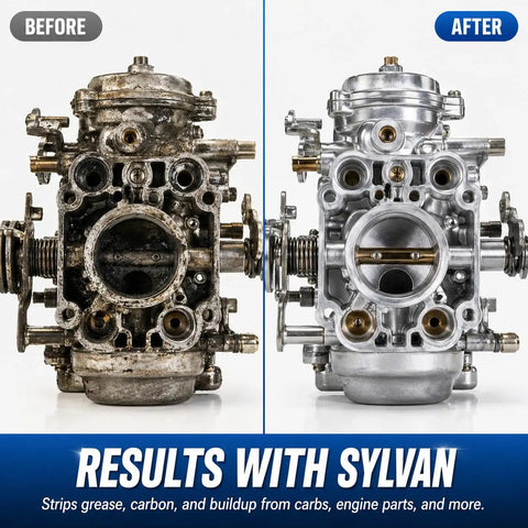 Before and after cleaning results of a carburetor using Heavy Duty Ultrasonic Carburetor And Engine Parts Cleaner Concentrate 32 Oz Bottle.