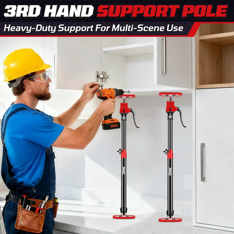 Worker using Heavy Duty Cabinet Jacks Third Hand Tool Set With Adjustable Support Poles From 23.6 Inches To 45.3 Inches 2 Pack