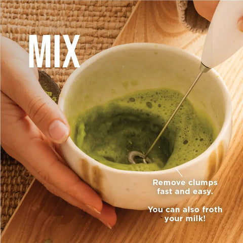 Hand using Electric Matcha Whisk And Milk Frother With One Button Operation For Barista Style Foamy Green Tea And Lattes