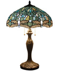Decorative table lamp with stained glass shade and ornate base, Tiffany style, pull chain