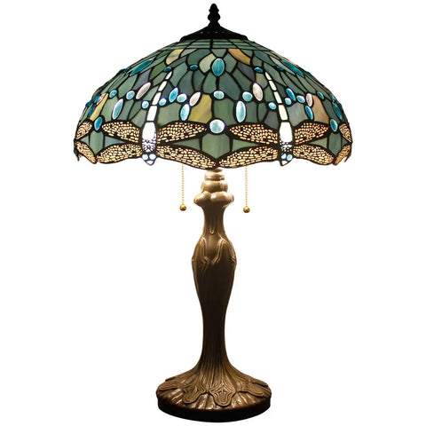 Sea Blue Stained Glass Dragonfly Lampshade Replacement 16 Inch for Table Lamps, showcasing three dragonflies with warm glow