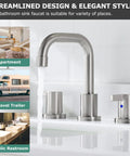 Streamlined Two Handle Widespread Bathroom Faucet in Brushed Nickel with metal pop up drain and quick connect supply lines.