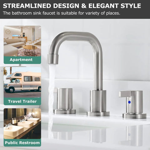 Streamlined Two Handle Widespread Bathroom Faucet in Brushed Nickel with metal pop up drain and quick connect supply lines.