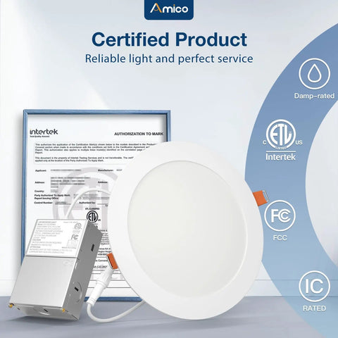 Six Pack Seven Inch 5CCT Ultra Thin Led Recessed Ceiling Downlights Offering Five Adjustable White Temperatures For No Sweat Installation And Long Lasting Brightness with certification details.