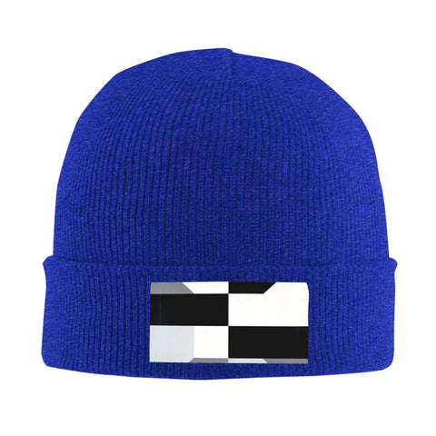 Kick Cold Weather To The Curb With This Straight Up Cozy Black And White Piano Plate Grid Knit Hat Crafted From Ultra Plush Acrylic Fiber For No Cap Winter Warmth Indoors Or Stepping Outside, blue beanie with black and white design