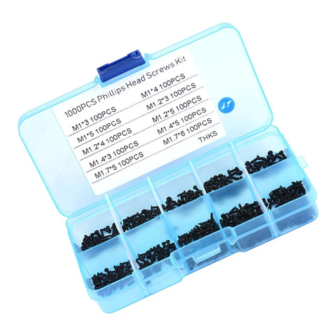 Open storage box of 1000 Piece Stainless Steel Self Tapping Screw Kit M1 To M1.7 for Eyeglasses Watches Laptops Cameras and RC Repairs