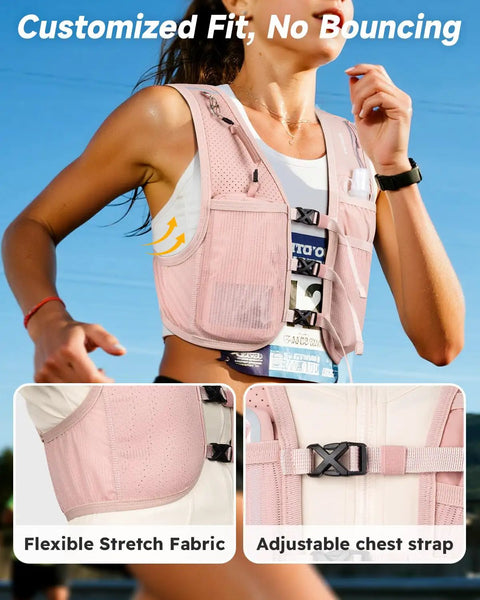 Reflective Hydration Vest With 500ml Soft Flask And Phone Holder Go To Lightweight Running Pack showing adjustable chest strap