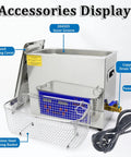 Kickass Ultrasonic Cleaner With Built In Heater And Digital Timer For Jewelry Restoration Auto Parts Degreasing Lab Descaling Heavy Duty Commercial Cleaning Tank showcasing accessories display with stainless steel basket and copper drain valve.
