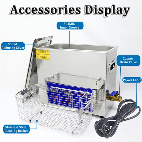Kickass Ultrasonic Cleaner With Built In Heater And Digital Timer For Jewelry Restoration Auto Parts Degreasing Lab Descaling Heavy Duty Commercial Cleaning Tank showcasing accessories display with stainless steel basket and copper drain valve.