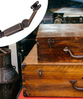 Dual Direction Spring Lid Support Hinges For Cabinets, Boxes, Chests, And More, Red Bronze Iron Finish, displayed with vintage boxes.