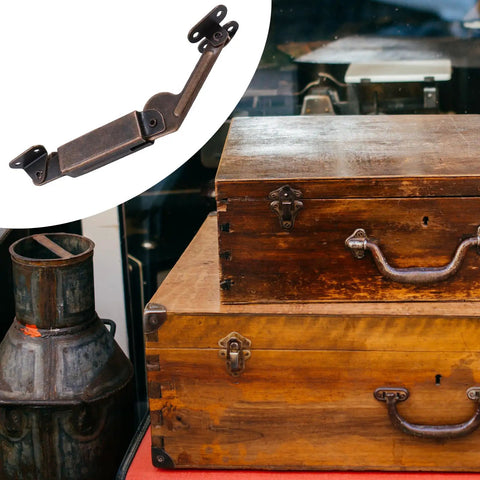 Dual Direction Spring Lid Support Hinges For Cabinets, Boxes, Chests, And More, Red Bronze Iron Finish, displayed with vintage boxes.
