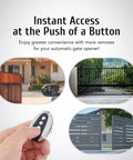 Remote Control For Automatic Gate Openers With 100 Foot Range Auto Close Function shown with gates and remote.