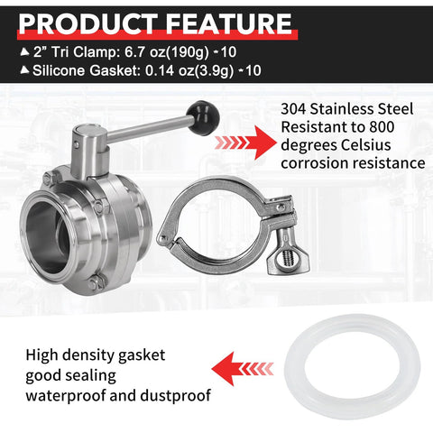 Front view of 2-inch stainless steel sanitary tri-clamp valve with lever handle and silicone gasket.