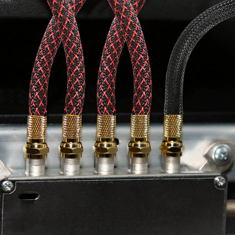 Close-up of Six Rolls Braided Cable Sleeves Kit With 127 Heat Shrink Tubes, Five Meters Each, 6 Mm 8 Mm 10 Mm Diameters, PET Expandable Cord Organizer