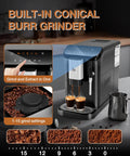 Kickstart Your Daily Brew With This Legit Fully Automatic Espresso Maker Featuring A Built In Grinder 20 Bar High Pressure Pump And Zero Hassle Milk Frother For Smooth Lattes And Rich Cappuccinos At Home showing conical burr grinder and espresso extraction.