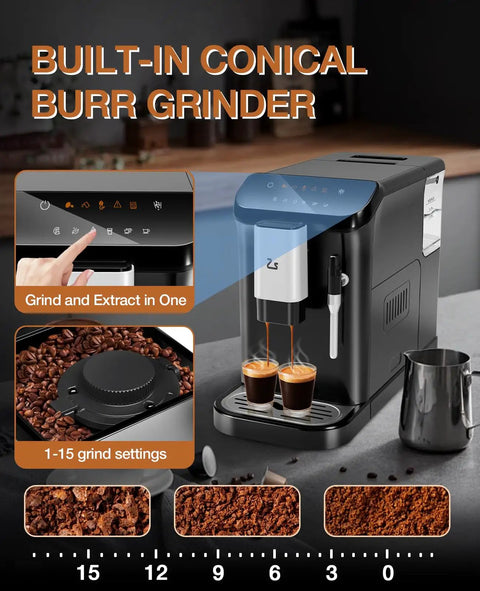 Kickstart Your Daily Brew With This Legit Fully Automatic Espresso Maker Featuring A Built In Grinder 20 Bar High Pressure Pump And Zero Hassle Milk Frother For Smooth Lattes And Rich Cappuccinos At Home showing conical burr grinder and espresso extraction.