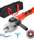 Heavy Duty 2100 W Brushless Electric Rebar Cutter With 110 Mm Blade, included protective gear and carrying bag, suitable for steel cutting.