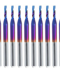 HQMaster 10-pack O-flute CNC router bits with 1/8 inch shank and 1/16 inch diameter, rainbow-coated tungsten carbide