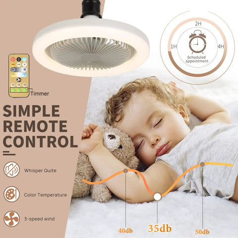 Tiny 10 Inch Ceiling Fan With Light Remote Control Three Speeds And Three Color Dimming Plug In Ceiling Fan in bedroom setting