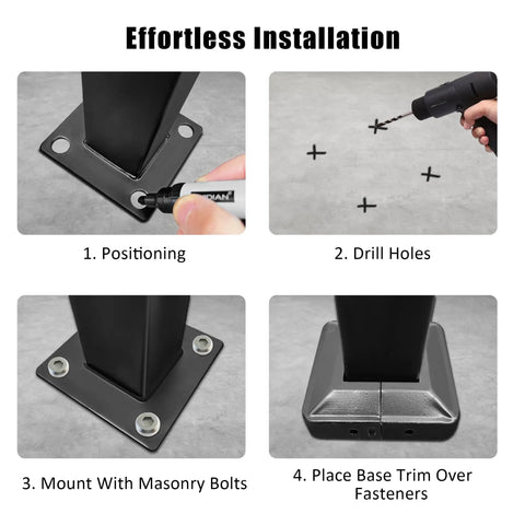 Installation steps for Heavy Duty 3 Step Outdoor Handrail Kit In Matte Black Wrought Iron for concrete or wood stairs.