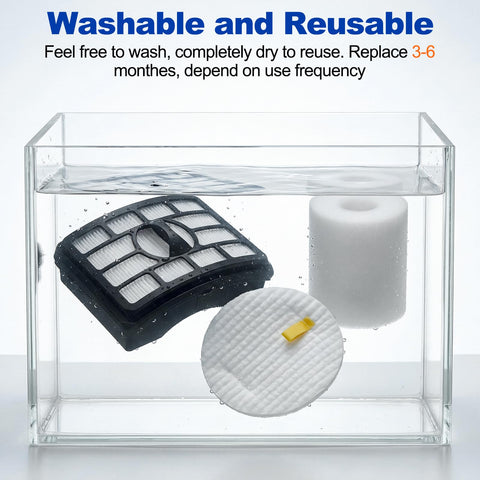 Two For Four Pack Vacuum Filters Replacement For Rotator Pro Lift-Away NV500 Series in a wash container displaying washability