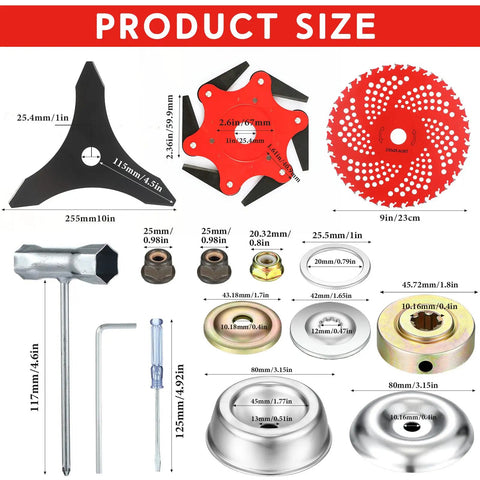 Six Steel Teeth Razor Trimmer Heads And Three Teeth Brush Cutter Blades Set With Weed Trimmer Attachments, size guide