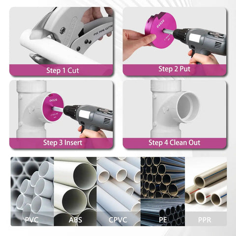 Eight Piece PVC Pipe Reamer Kit With Carbide Tips And Beefy Aluminum Body Fits SCH 40 PVC CPVC ABS Pipes instructional steps