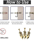 60 Piece Self Drilling Drywall Anchors Kit With Stainless Steel Expansion Screws For Easy No Drill Install, Rust Resistant, Heavy Duty Wall Fasteners For Shelves, Hooks, Mirrors, Cabinets, And TV Mounts, install steps