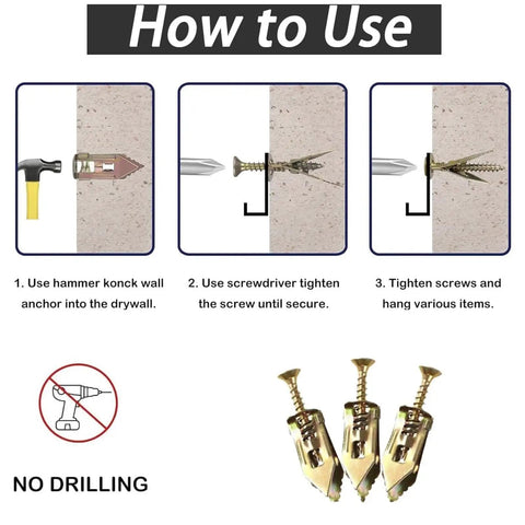 60 Piece Self Drilling Drywall Anchors Kit With Stainless Steel Expansion Screws For Easy No Drill Install, Rust Resistant, Heavy Duty Wall Fasteners For Shelves, Hooks, Mirrors, Cabinets, And TV Mounts, install steps