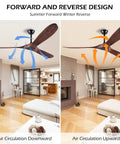 60 Inch No Light Wood Ceiling Fan for Indoor Outdoor Patios and Sloped Ceilings, Silent DC Motor, Walnut Finish, airflow directions