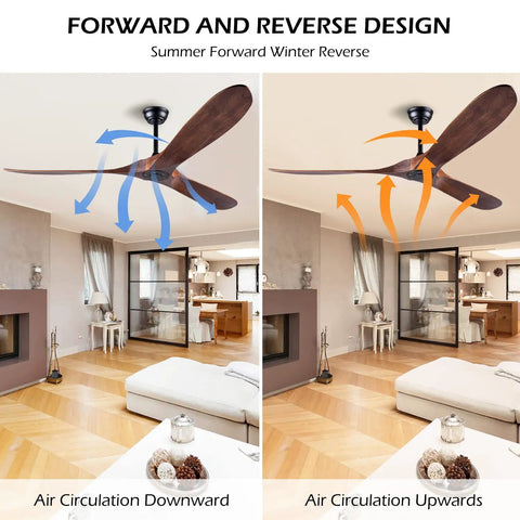 60 Inch No Light Wood Ceiling Fan for Indoor Outdoor Patios and Sloped Ceilings, Silent DC Motor, Walnut Finish, airflow directions
