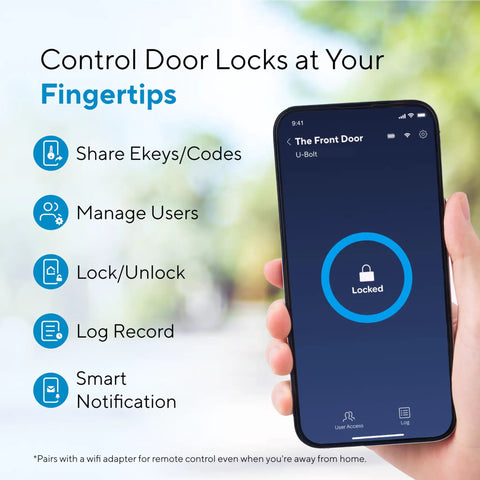 Keyless Front Door Smart Lock With WiFi Bridge 5 In 1 Entry app interface showing lock status and features on smartphone