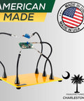 Deluxe Soldering Station With Five Magnetic Arms, Locking Grips, Steel Base; features circuit board held by clamps, USA made.